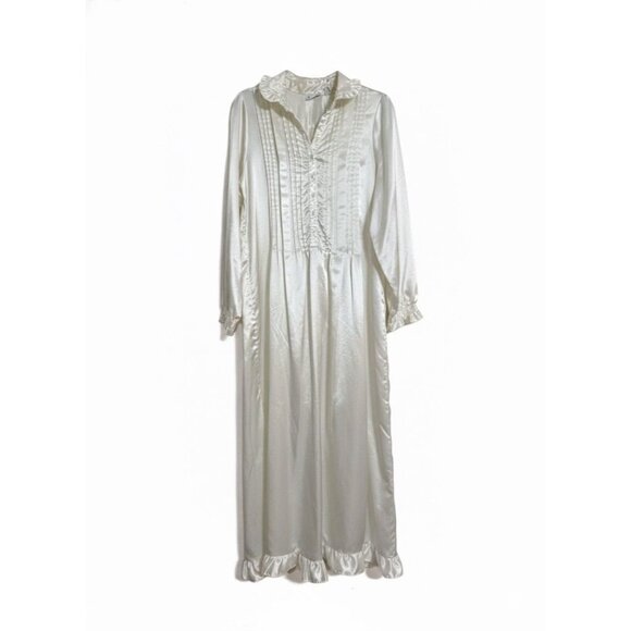 B by Barad Vtg 1980s Ivory Satin Ruffled Princess Length Night Gown Nighty Sz M - Picture 2 of 5